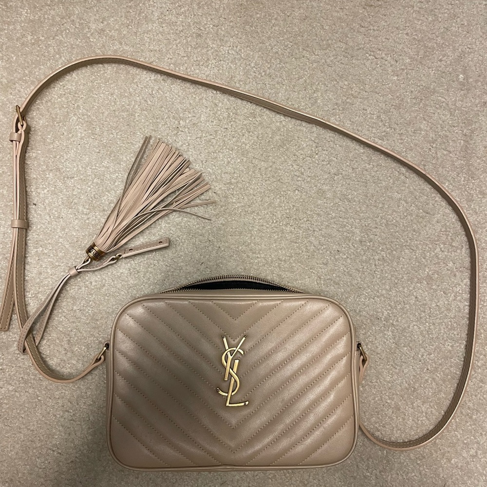 YSL Lou Camera Bag Matelasse Chevron Leather Small Beige